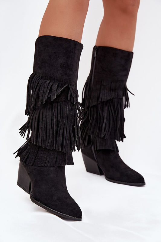 Elegant Women's Eco Suede Cowgirl Heel Boots by Step in Style, featuring fringes and a 7cm heel, perfect for Boho fashion.