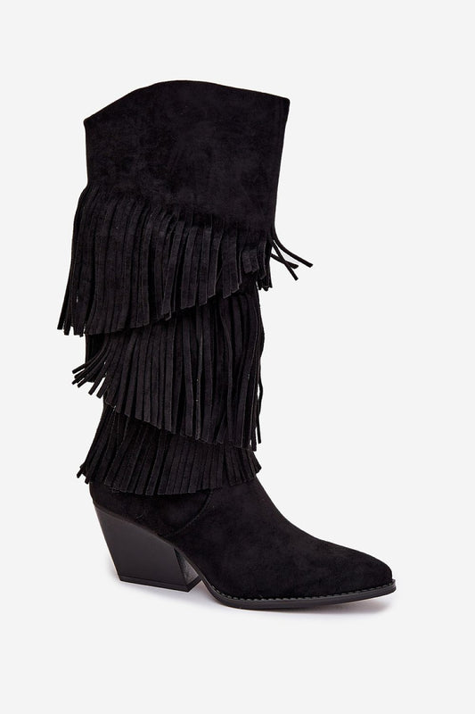Luxurious Women's Eco Suede Cowgirl Boots with Fringes from Step in Style, showcasing a pointed toe and stylish zip fastening.