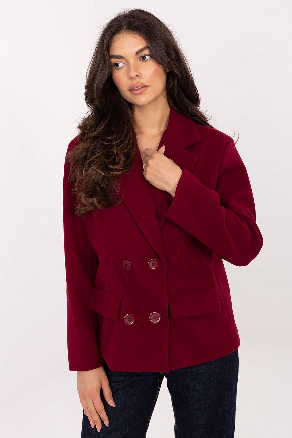 Elegant double-breasted women's coat by Rue Paris, showcasing a sophisticated lapel design in lightweight polyester, ideal for transitional seasons.