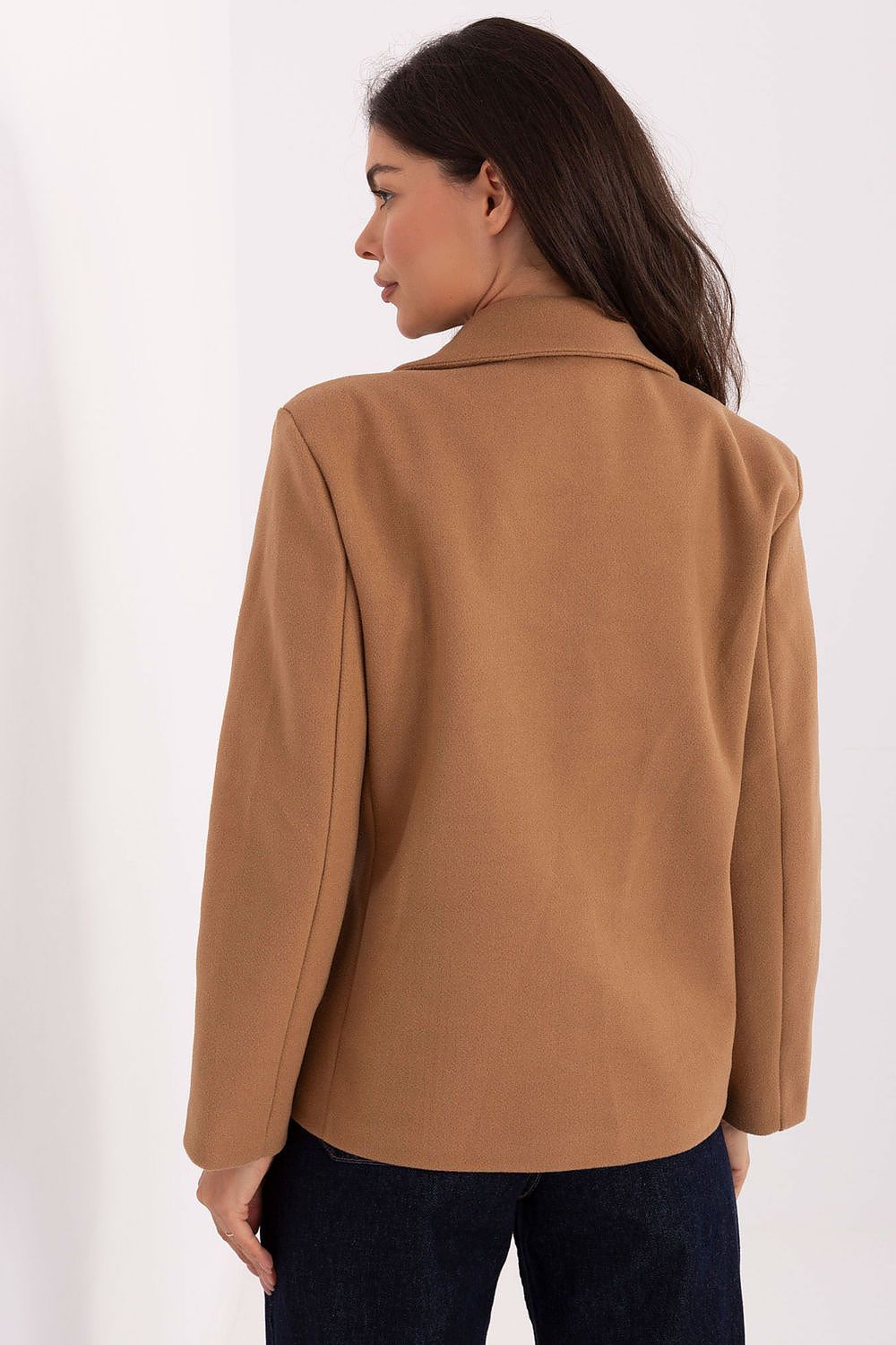 Back view of the elegant double-breasted women's coat from Rue Paris, emphasising its timeless cut and fashionable appeal.
