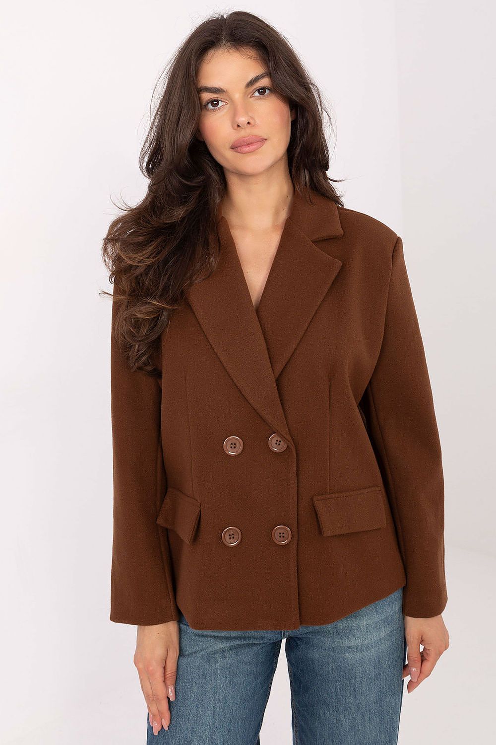 Elegant double-breasted women's coat by Rue Paris, crafted from lightweight polyester, perfect for transitional seasons and timeless style.