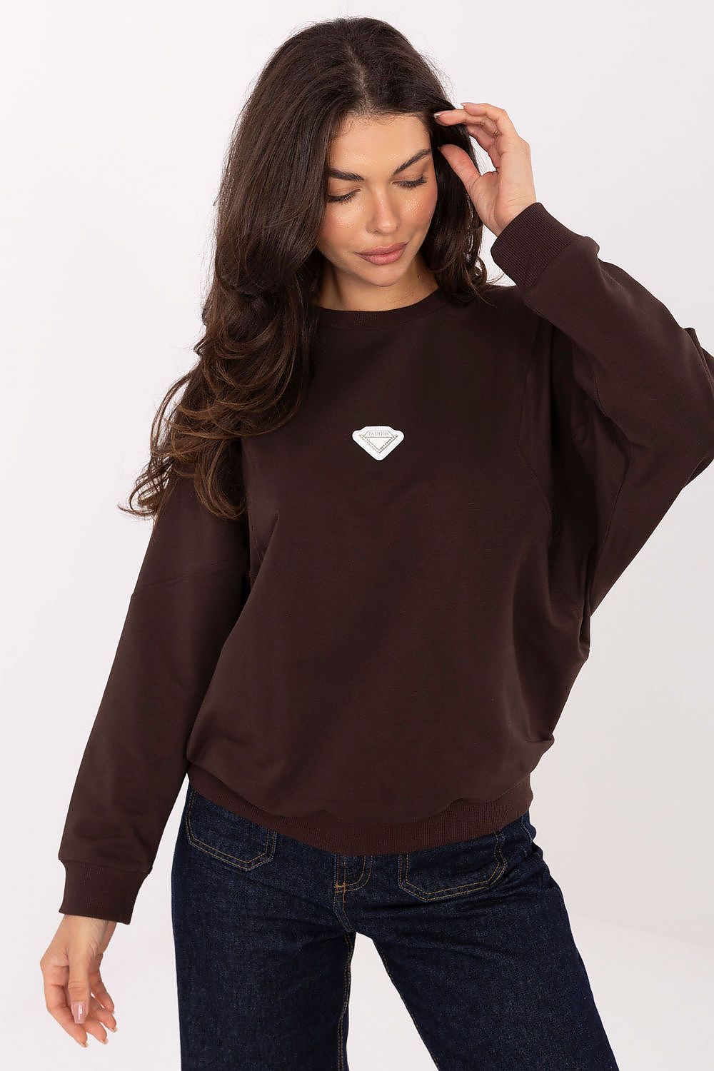 Elegant minimalist women's long sleeve sweatshirt by Rue Paris, crafted from a luxurious soft cotton blend, showcasing a refined design suitable for various occasions.