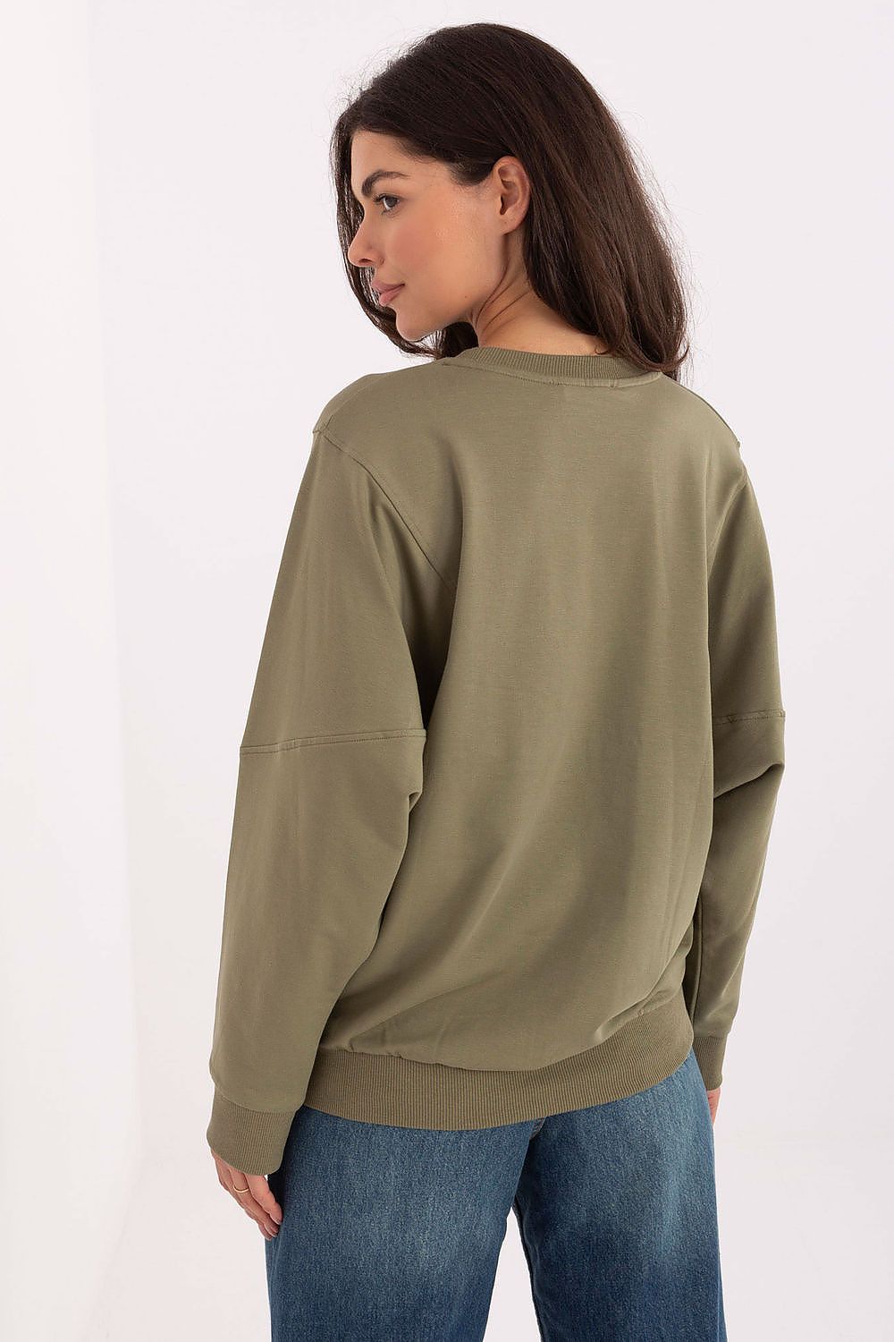 Close-up of the soft cotton blend fabric of the Minimalist Women's Long Sleeve Sweatshirt by Rue Paris, highlighting its luxurious texture and quality.