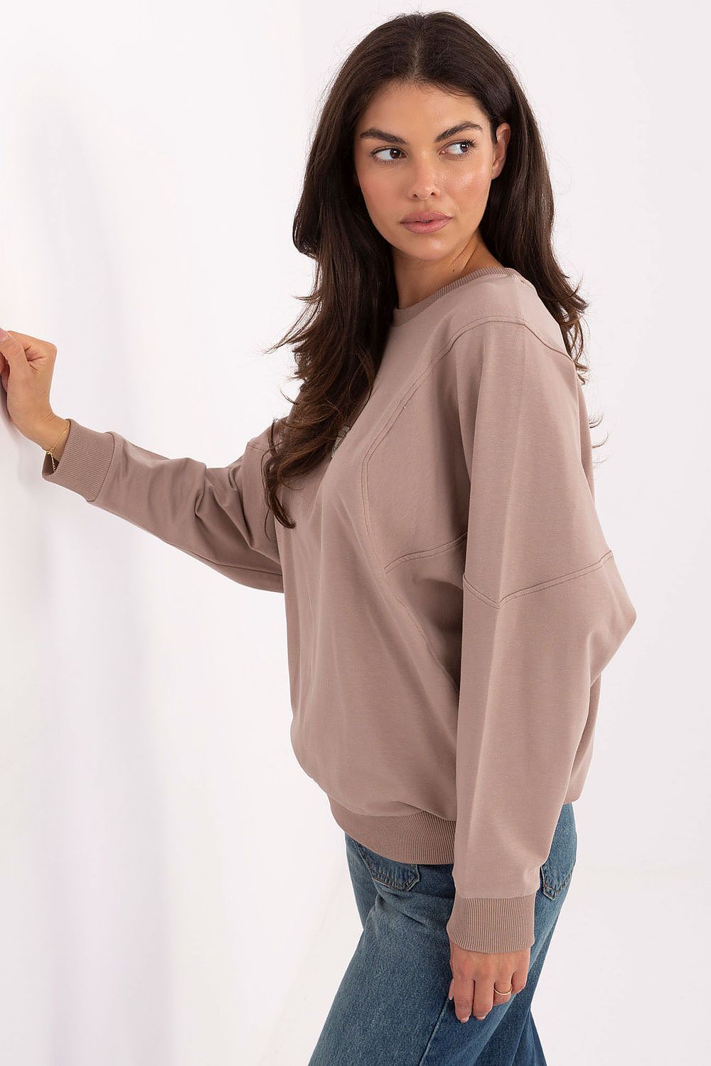 Back view of the Minimalist Women's Long Sleeve Sweatshirt by Rue Paris, featuring a classic round neckline and a minimalist badge for an understated chic look.