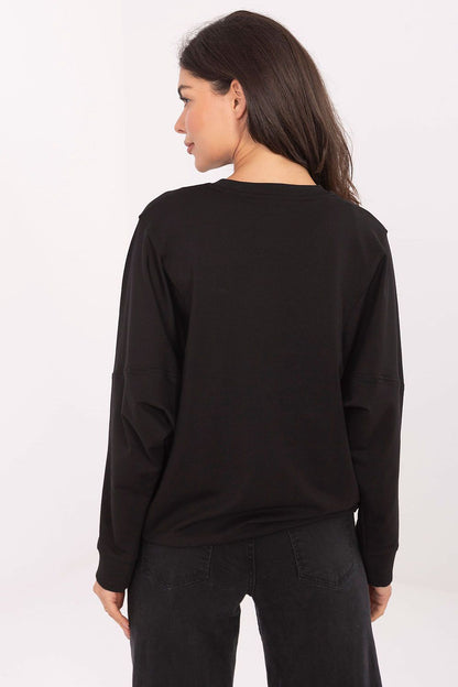 Stylish women's long sleeve sweatshirt by Rue Paris featuring a classic round neckline and subtle branding, ideal for everyday elegance.