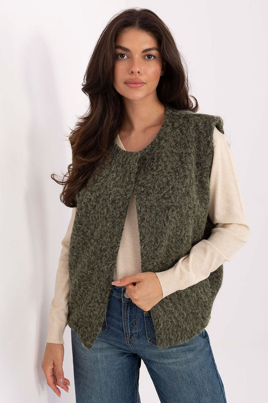 Trendy women's boucle vest by Rue Paris featuring slip pockets, perfect for autumn-winter layering.