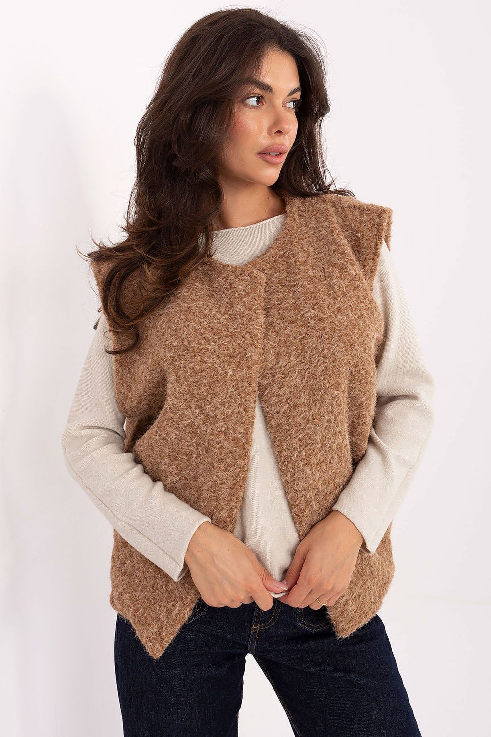 Stylish women's boucle vest by Rue Paris featuring pockets, perfect for autumn-winter layering.
