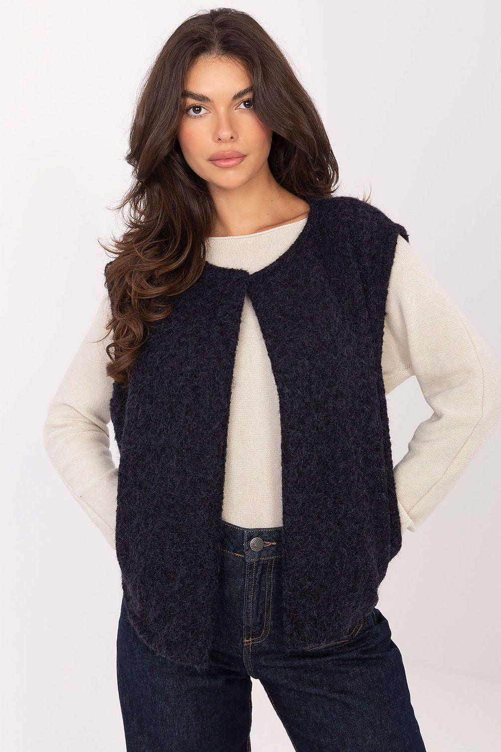 Sophisticated women's outer layer vest by Rue Paris, showcasing a delightful blend of style and functionality, perfect for seasonal transition.