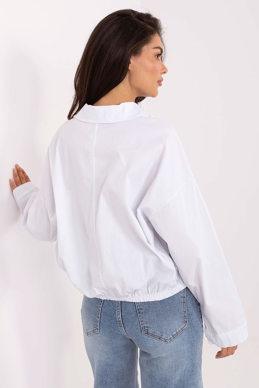 Back view of the Rue Paris Long Sleeve Casual Shirt, featuring a sewn rubber band for an exquisite fit on the silhouette.