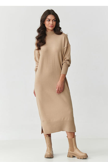 Elegant Makadamia midi sweater dress with turtleneck, showcasing a chic autumn-winter style in a luxurious viscose blend.