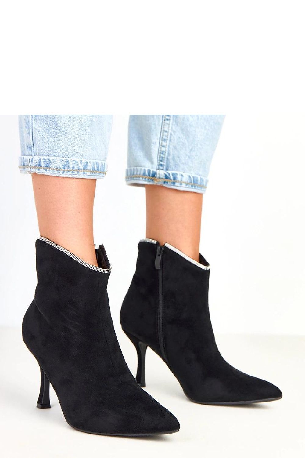 Elegant women's ankle boots in soft suede with shimmering zircon highlights by Solea, enhancing any evening outfit with style.