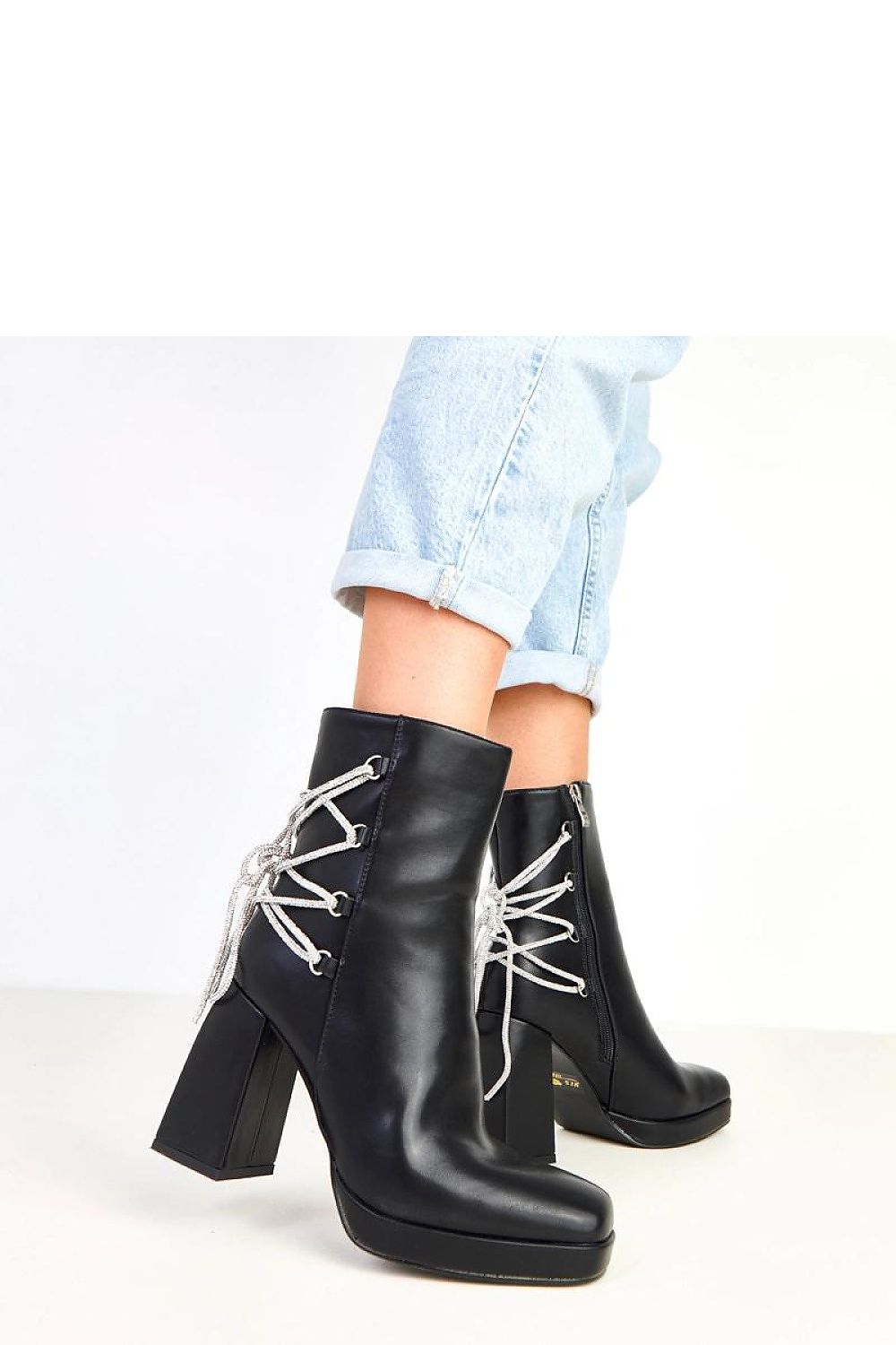 Elegant eco-leather ankle boots by Solea showcasing a sophisticated lace-up adorned with zircons, perfect for adding a touch of glamour to any outfit.
