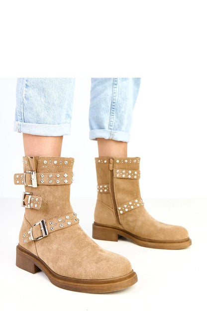Solea elegant eco suede ankle boots featuring zip fastening for easy wear, adorned with decorative straps and unique zircon detailing.