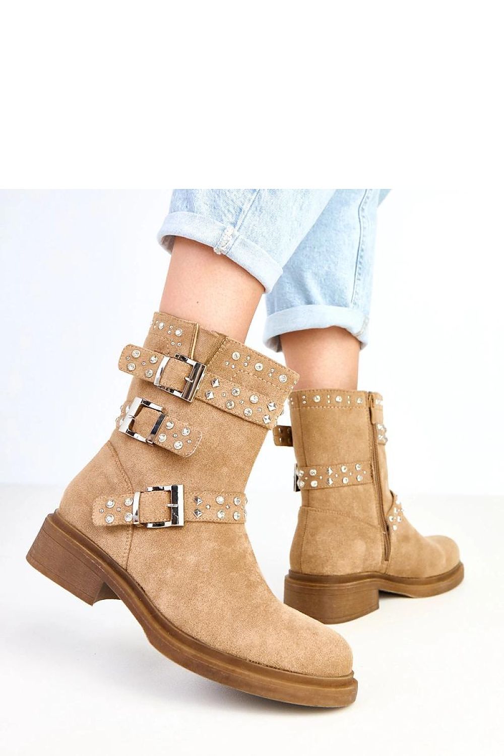 Elegant women's ankle boots by Solea in eco suede featuring decorative buckles and zircon detail, perfect for stylish everyday wear.