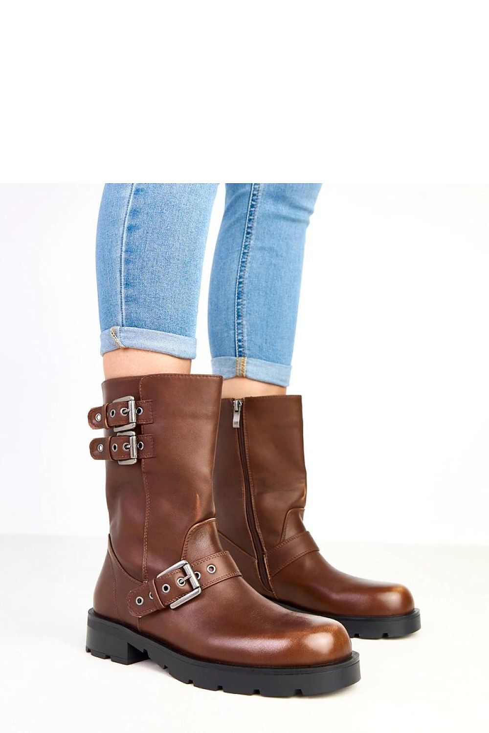 Solea women's ankle boots in luxurious ecological leather with decorative buckles, showcasing a stylish round toe and 23 cm shaft height.