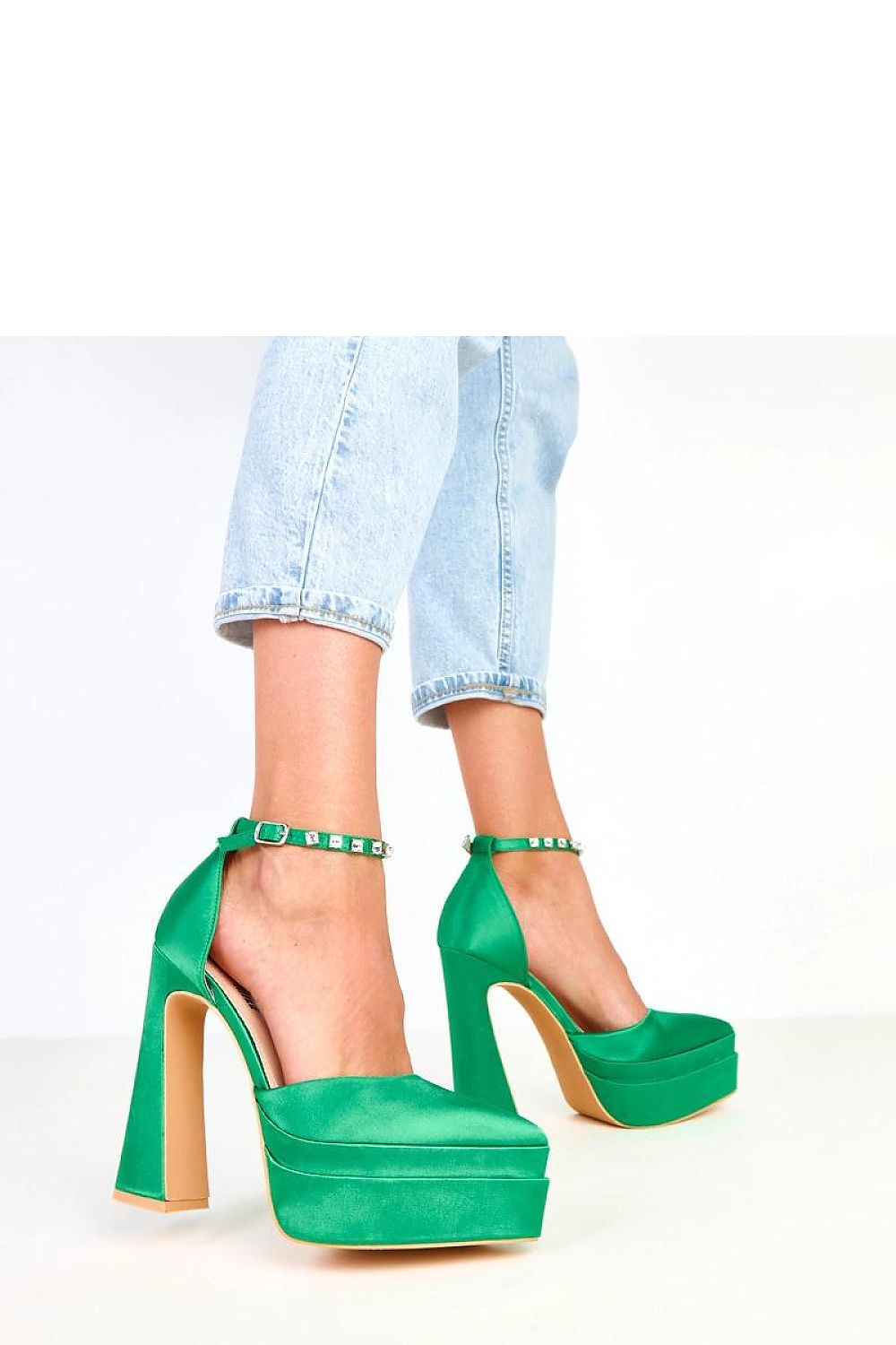 Close-up view of Solea's Elegant Satin Heel Pumps with shimmering zircon-buckle strap, exemplifying elegance for evening outings and formal events.