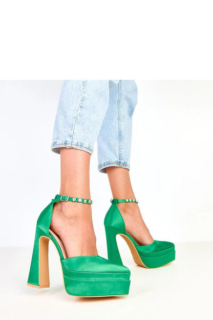 Close-up view of Solea's Elegant Satin Heel Pumps with shimmering zircon-buckle strap, exemplifying elegance for evening outings and formal events.