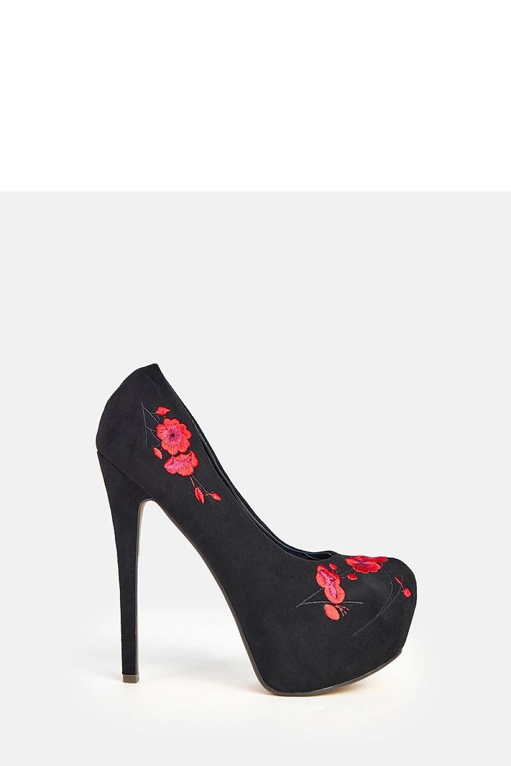 Elegant high heels by Solea featuring decorative flowers, made from eco-friendly suede with a 15.5cm heel and 4.5cm platform, perfect for romantic occasions.