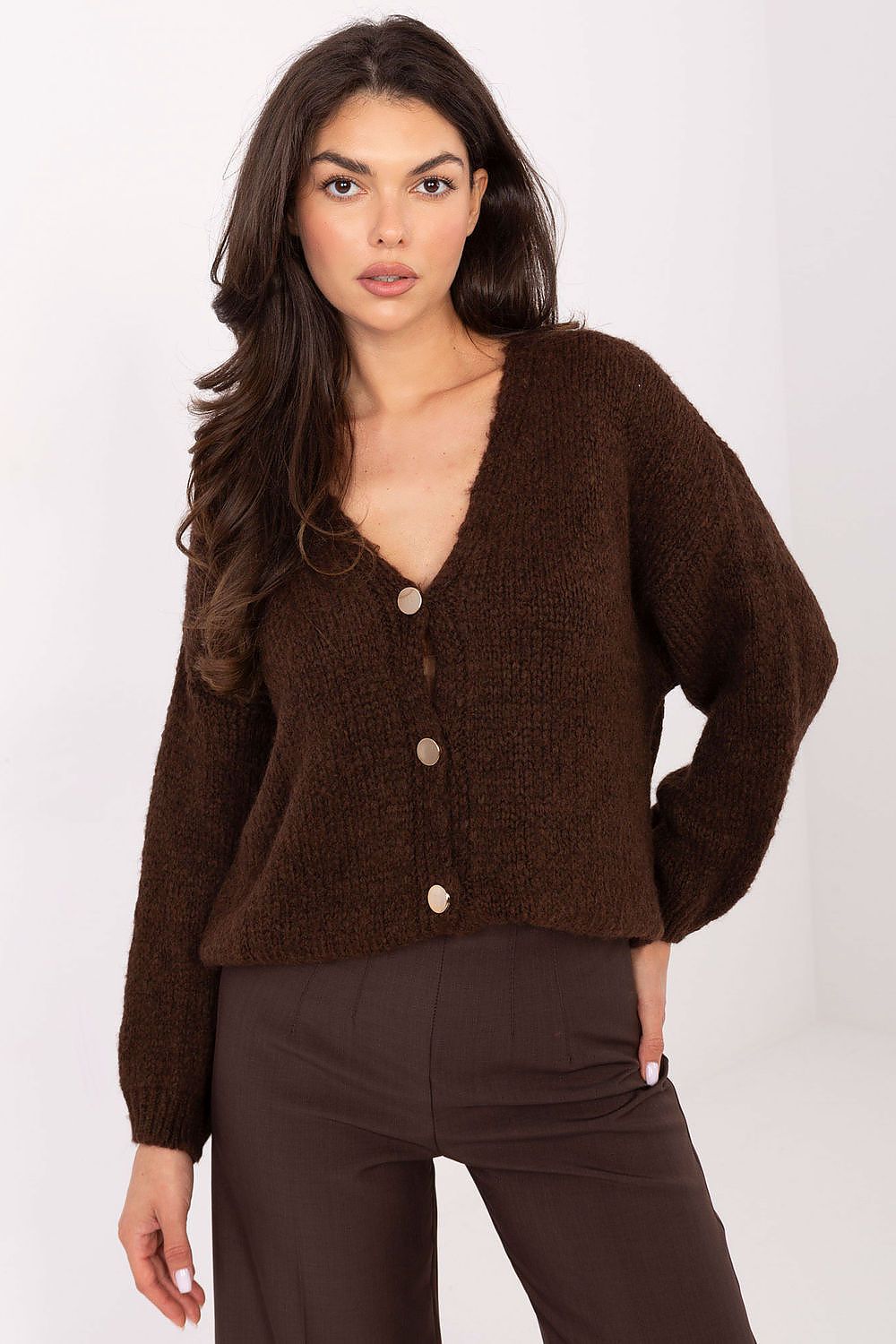 Elegant V-Neck Cardigan by Rue Paris, a luxurious women's soft wool blend sweater, showcasing its stylish V-neck design, perfect for casual or office wear.