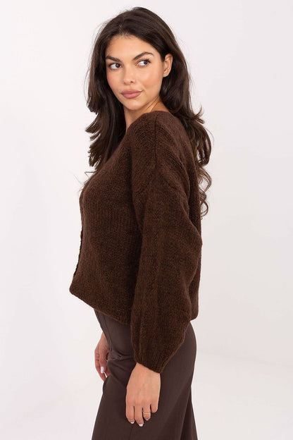 Luxurious V-neck cardigan from Rue Paris, showcasing a soft wool blend perfect for everyday elegance.