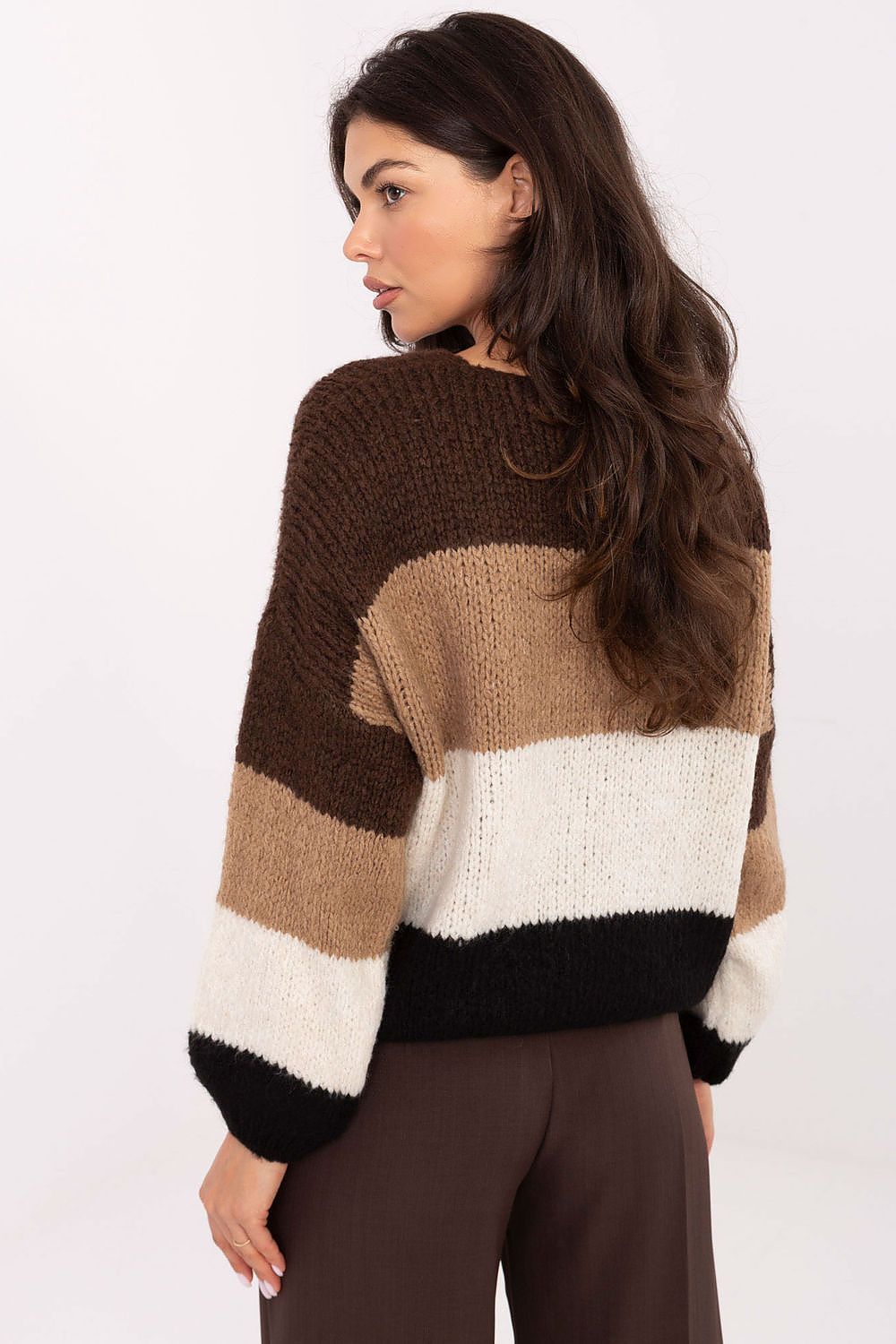 Luxurious oversized striped women's sweater by Rue Paris, featuring a chic V-neck and soft fabric blend.