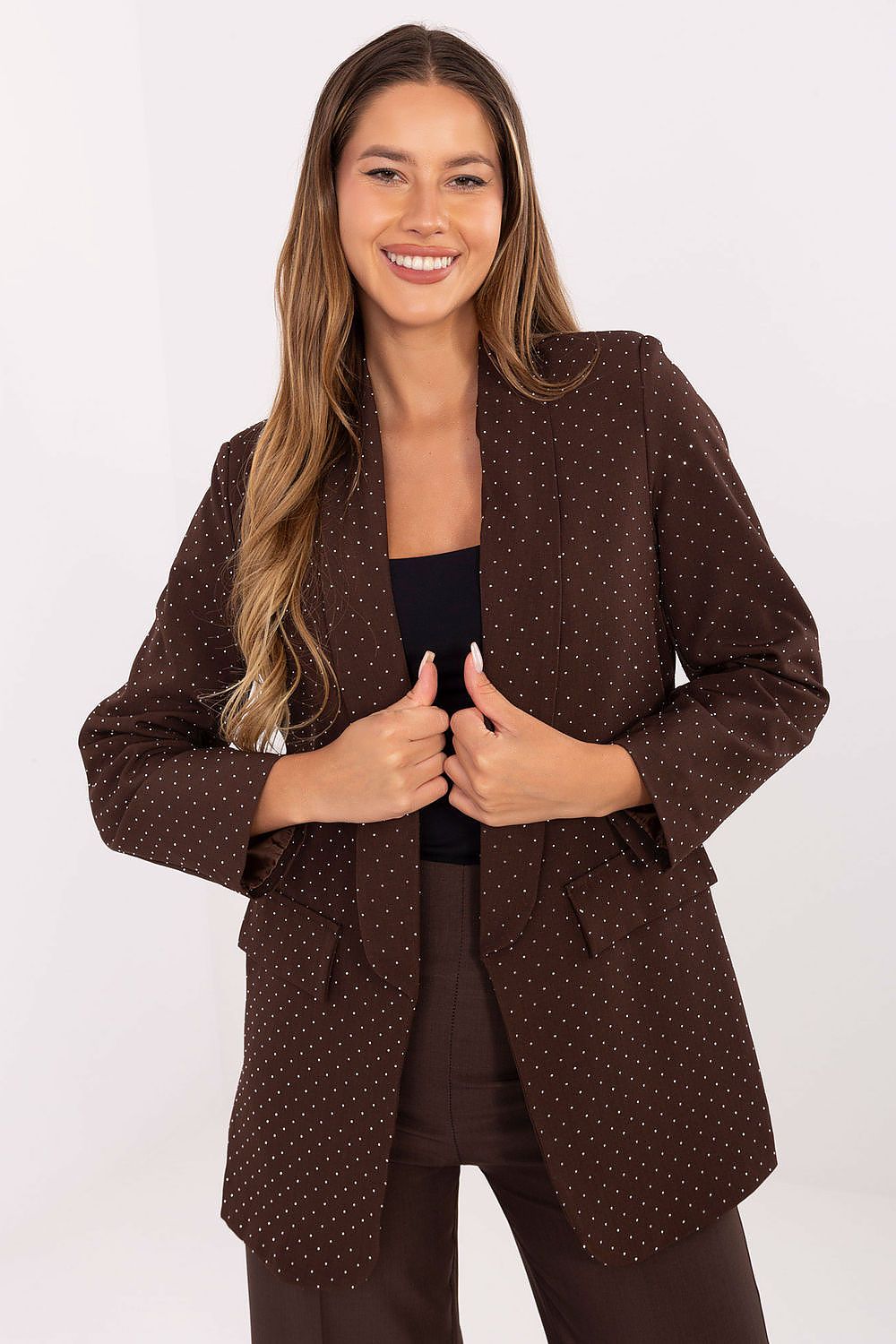 Elegant Rue Paris Women's Blazer featuring shiny jet stones on a sophisticated backdrop, showcasing the luxurious design perfect for formal occasions.
