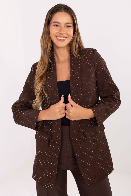 Elegant Rue Paris Women's Blazer featuring shiny jet stones on a sophisticated backdrop, showcasing the luxurious design perfect for formal occasions.