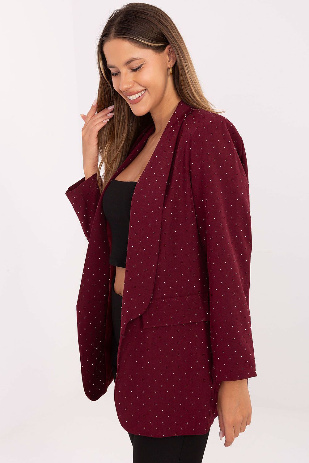 Elegant Rue Paris Women’s Blazer adorned with shiny jet stones, perfect for formal occasions, showcasing a classic design and luxurious fabric.