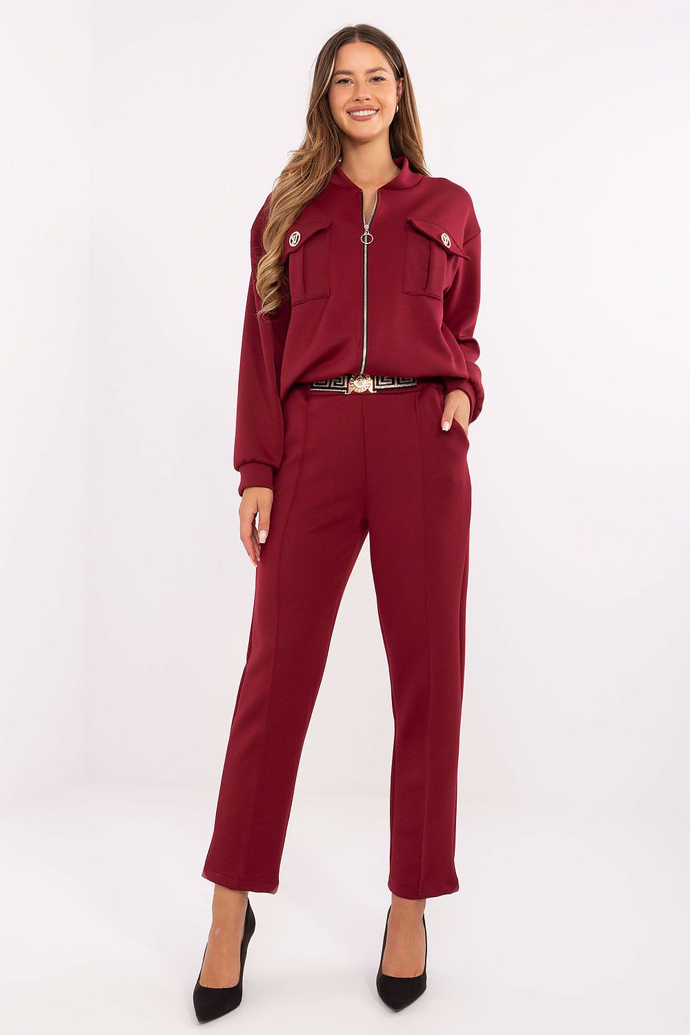 Luxury women's casual set by Rue Paris featuring a chic zip-up hoodie with a stand-up collar and cargo pockets in elegant fashion.