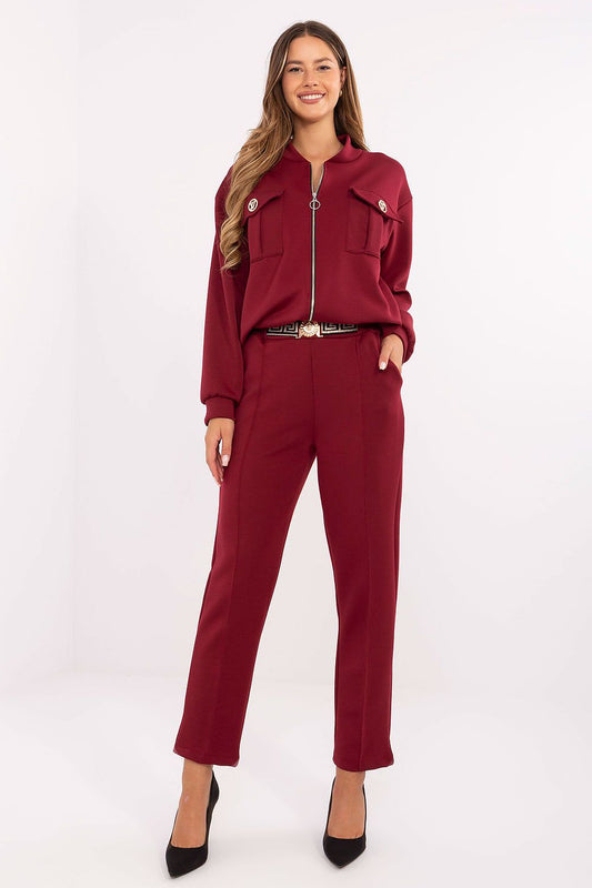 Luxury women's casual set by Rue Paris featuring a chic zip-up hoodie with a stand-up collar and cargo pockets in elegant fashion.