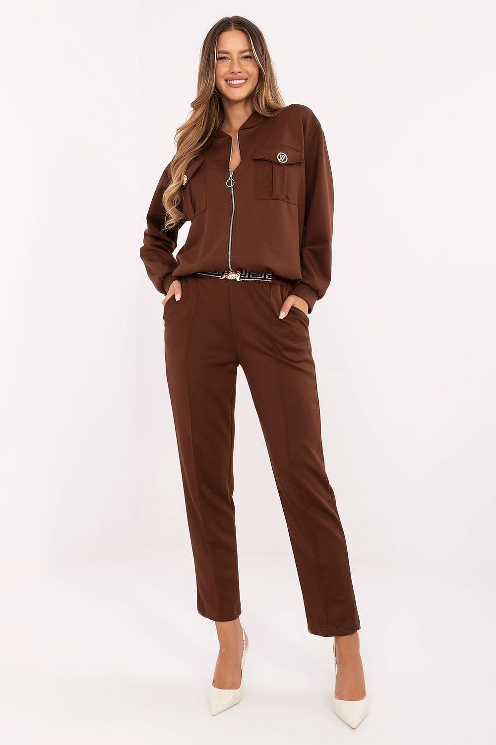 Luxury women's casual set by Rue Paris featuring a zip-up hoodie with a stand-up collar and tapered pants, elegantly styled for casual outings.