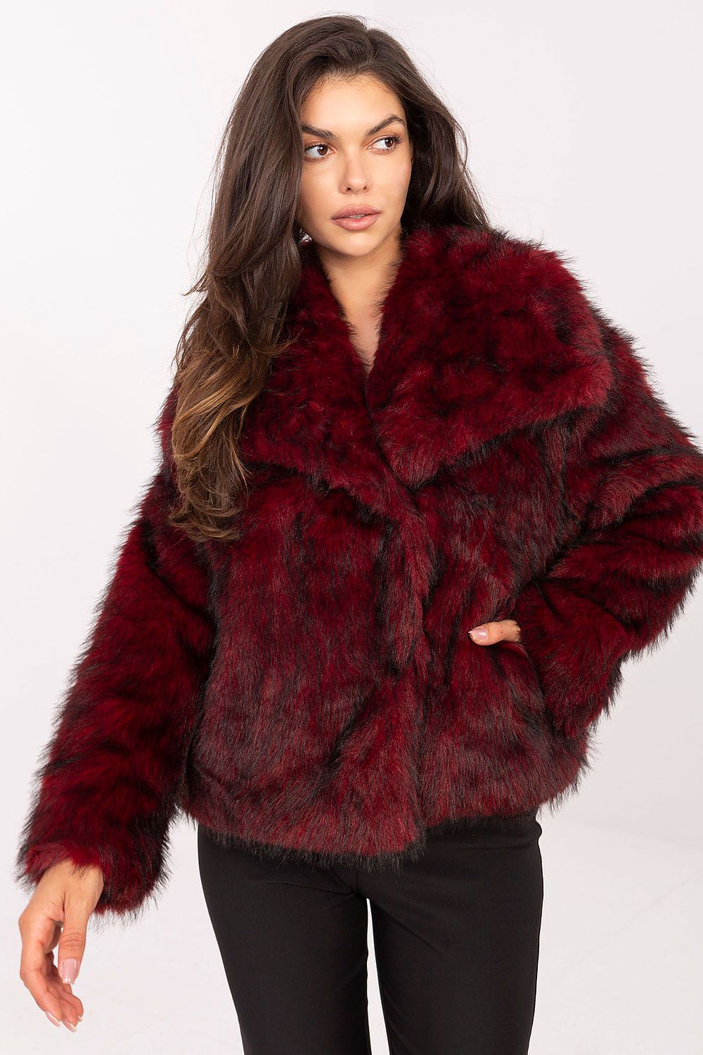 Elegant women's fur jacket by Rue Paris, showcasing luxurious polyester-viscose blend material, perfect for stylish outings and comfort.