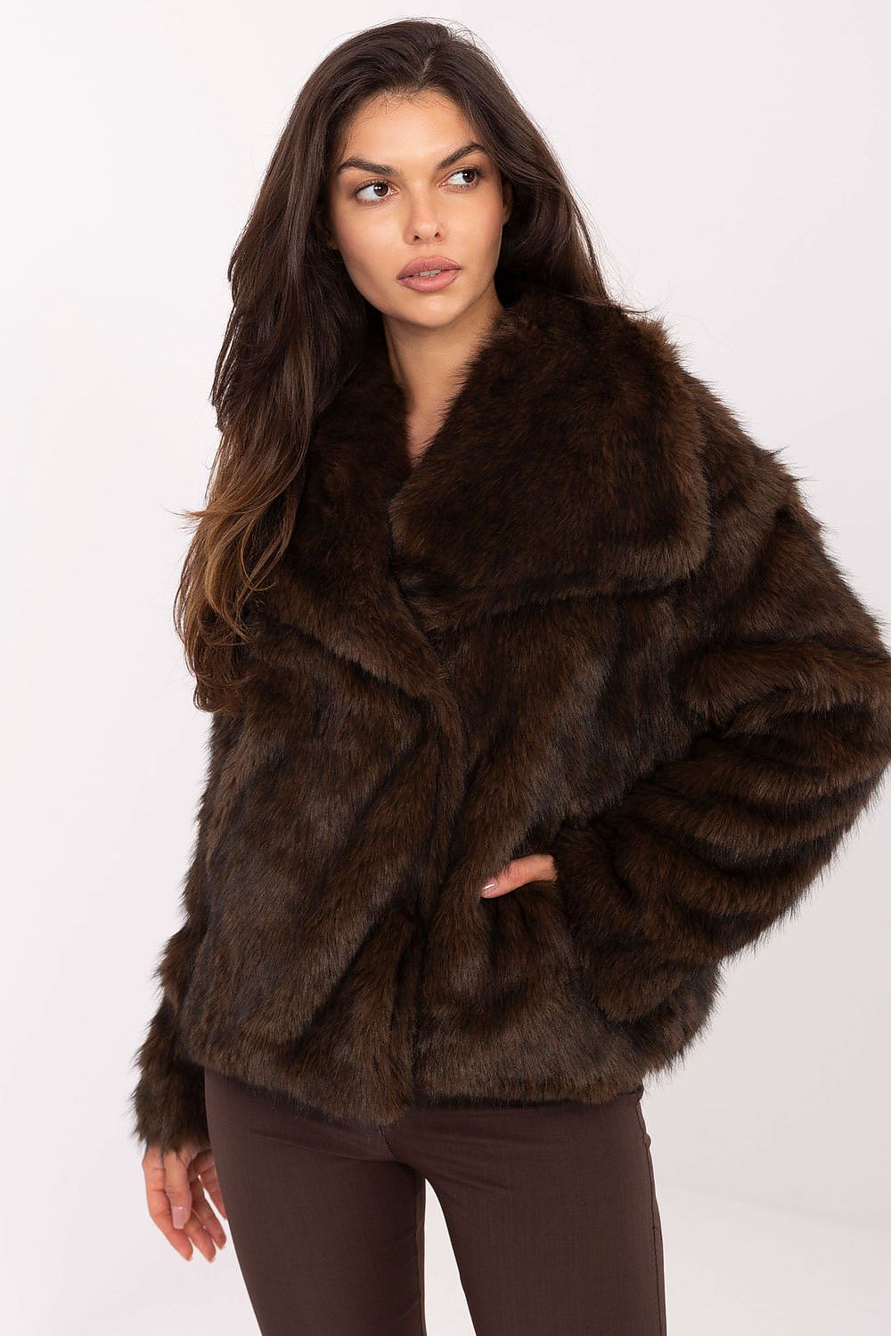 Detail image of Rue Paris Women's Fur Jacket, highlighting the luxurious polyester and viscose blend texture for ultimate comfort.