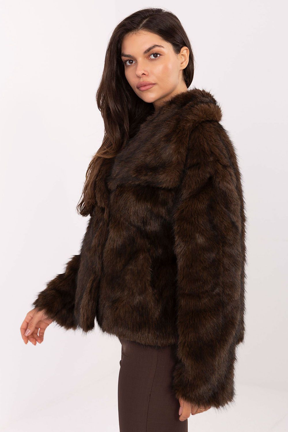 Fashionable and stylish Rue Paris Women's Fur Jacket, featuring snap fastening and slip pockets for functionality and elegance.
