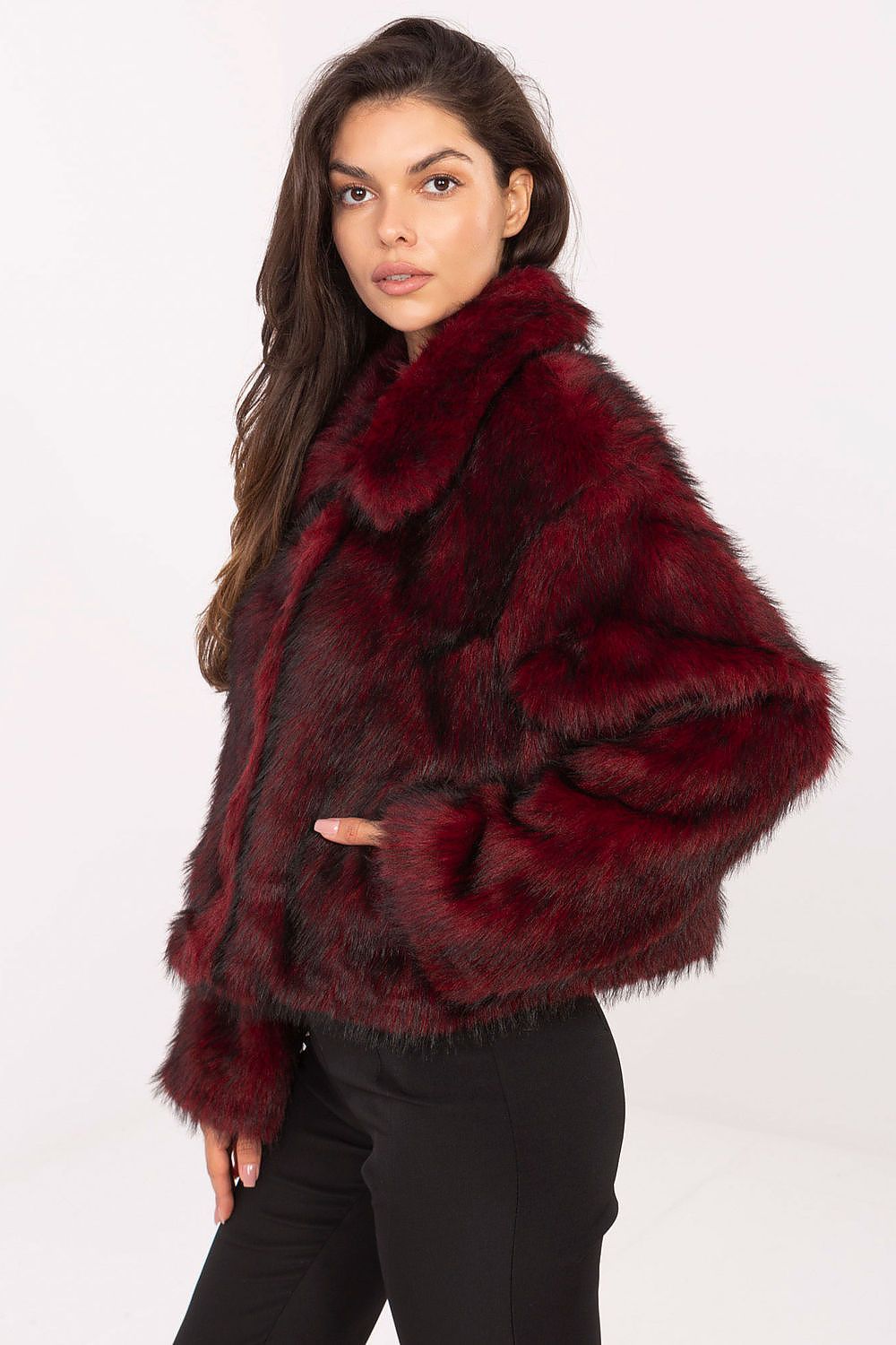 Stylish flat lay of the Rue Paris women's fur jacket with wide collar, emphasizing its luxurious fabric and versatile sizing for glam autumn winter outfits.