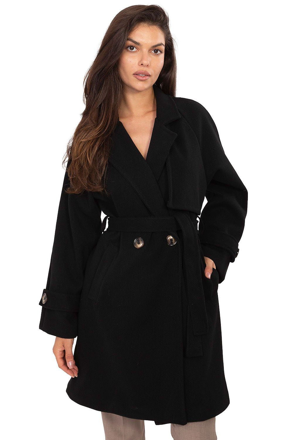 Fashionable model wearing Rue Paris Elegant Women's Transitional Coat, ideal for casual and professional styles.