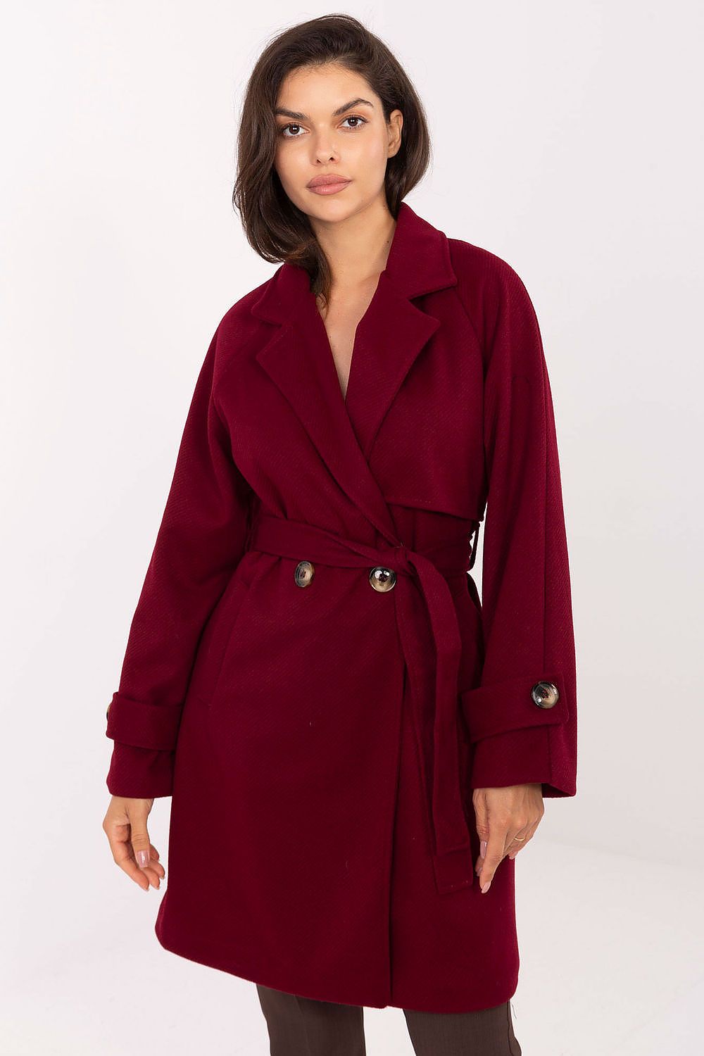 Elegant women's transitional coat by Rue Paris, featuring a double-breasted design with a waist tie, knee-length style, and crafted from high-quality polyester for a luxurious finish.