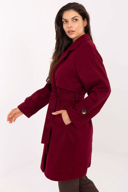 Chic knee-length women's coat by Rue Paris, showcasing a stylish double-breasted front, perfect for transitional seasons, exemplifying elegance and practical fashion.