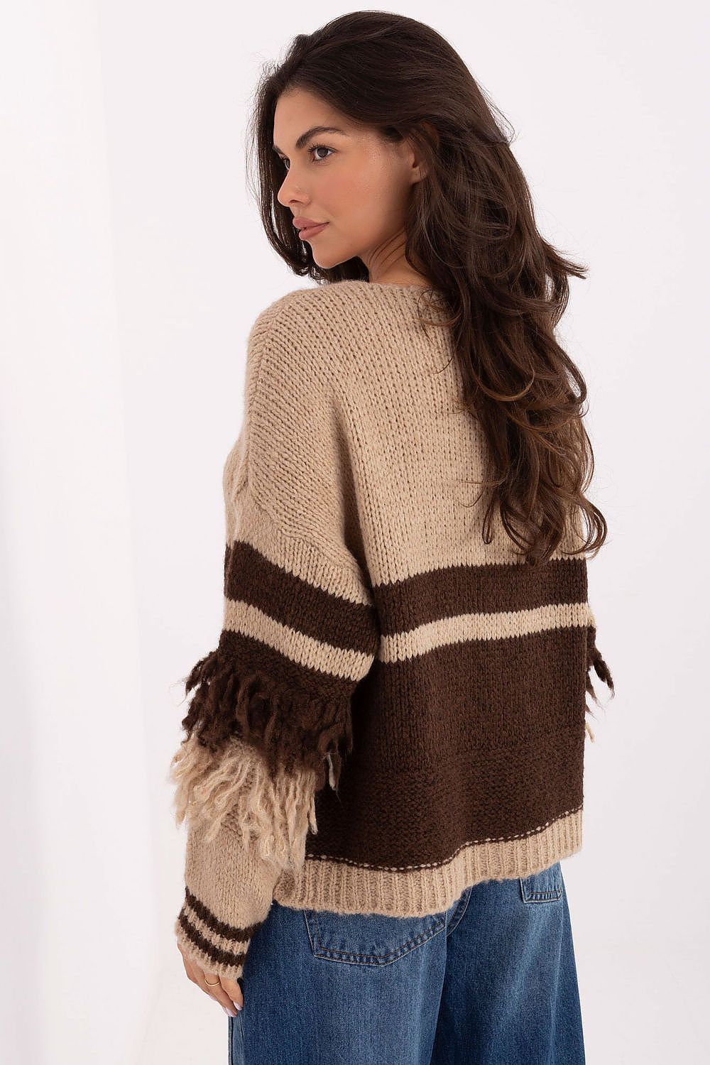 Full view of Italy Moda's two-tone cardigan for women, featuring unique fringes and a chic design ideal for casual elegance.