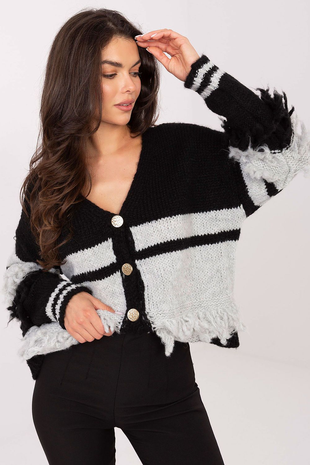 Luxurious two-tone women's cardigan by Italy Moda, featuring elegant fringes and a stylish V-neck design, perfect for casual occasions.