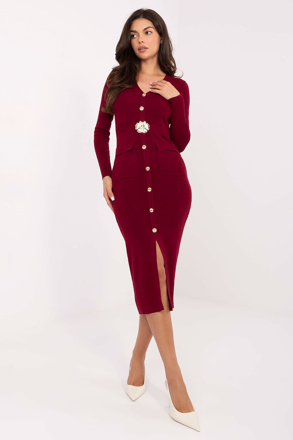 Elegant V-Neck Knitted Midi Dress by Factory Price, featuring smooth ribbed fabric and decorative buttons, perfect for any formal occasion.