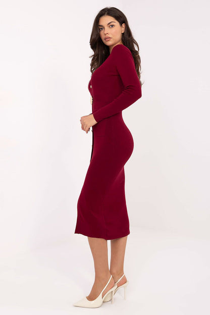Elegant V-Neck Knitted Midi Dress by Factory Price showcasing smooth ribbed fabric and decorative buttons, designed for a sophisticated look.