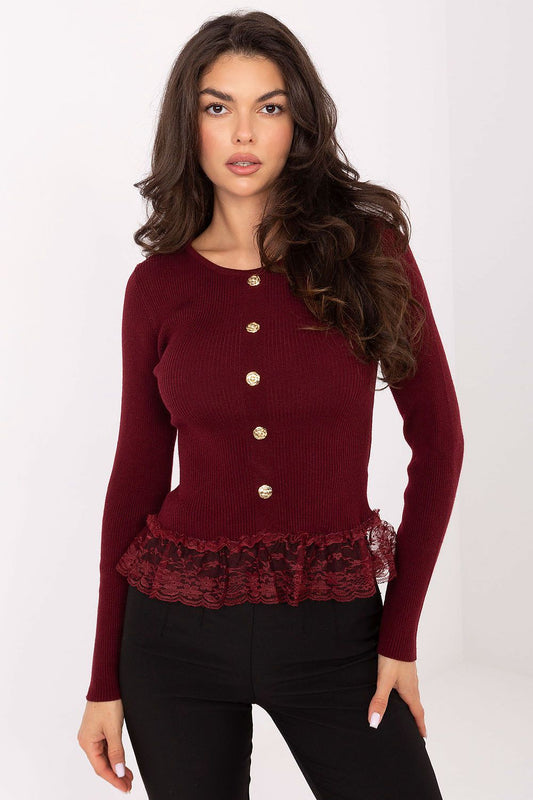 Elegant women's sweater with ruffle detail by Factory Price, showcasing soft wool blend fabric and feminine charm.