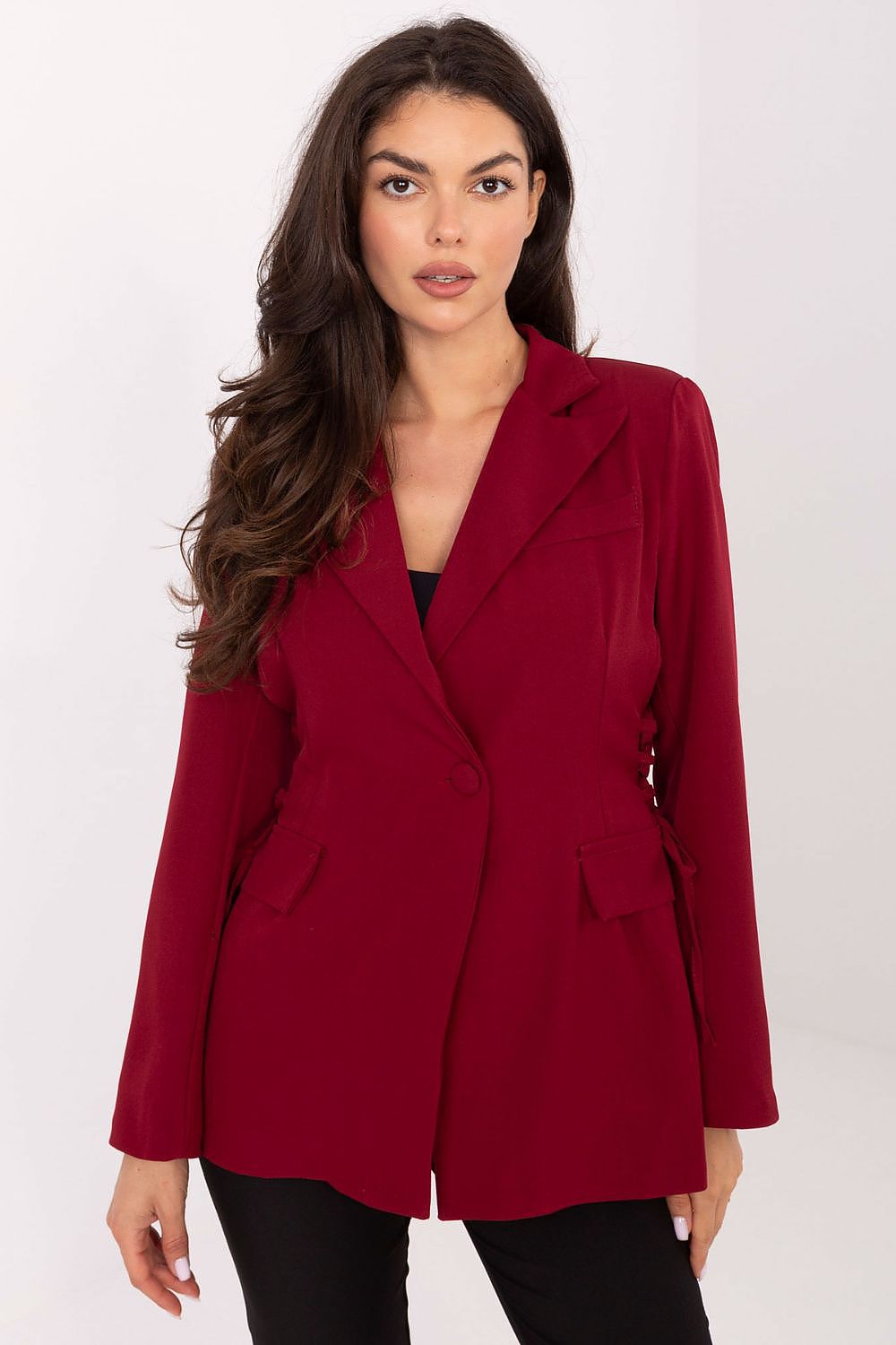 Italy Moda blazer displayed flat, showcasing exquisite tailoring and flattering measurements, crafted for an elegant fit.