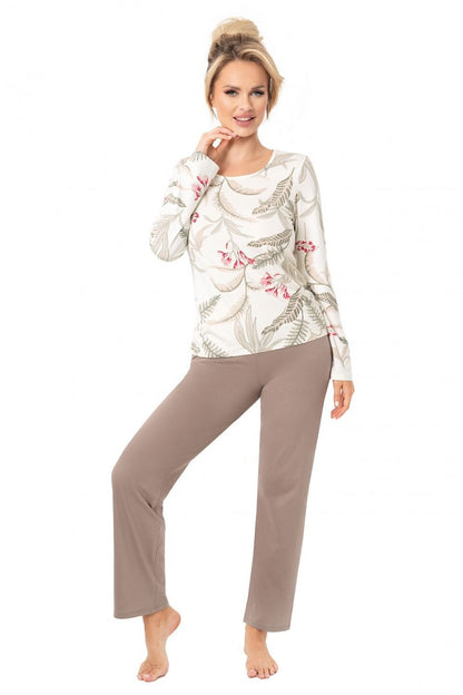 Elegant Luxury Women's Viscose Pajamas Set with Floral Print by Donna, showcasing a soft, stylish design in beige tones. Perfect for comfortable sleep and relaxing evenings, available in sizes S to XL.