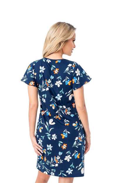 Elegant Donna knee-length nightshirt for women, crafted from 100% cotton with a V-neck and lace short sleeves, showcasing a delicate and feminine design for luxurious comfort in sleep.