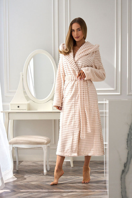 Luxury women's quilted bathrobe with hood, pockets, and waist tie in soft polyester by L&L collection for elegant homewear.