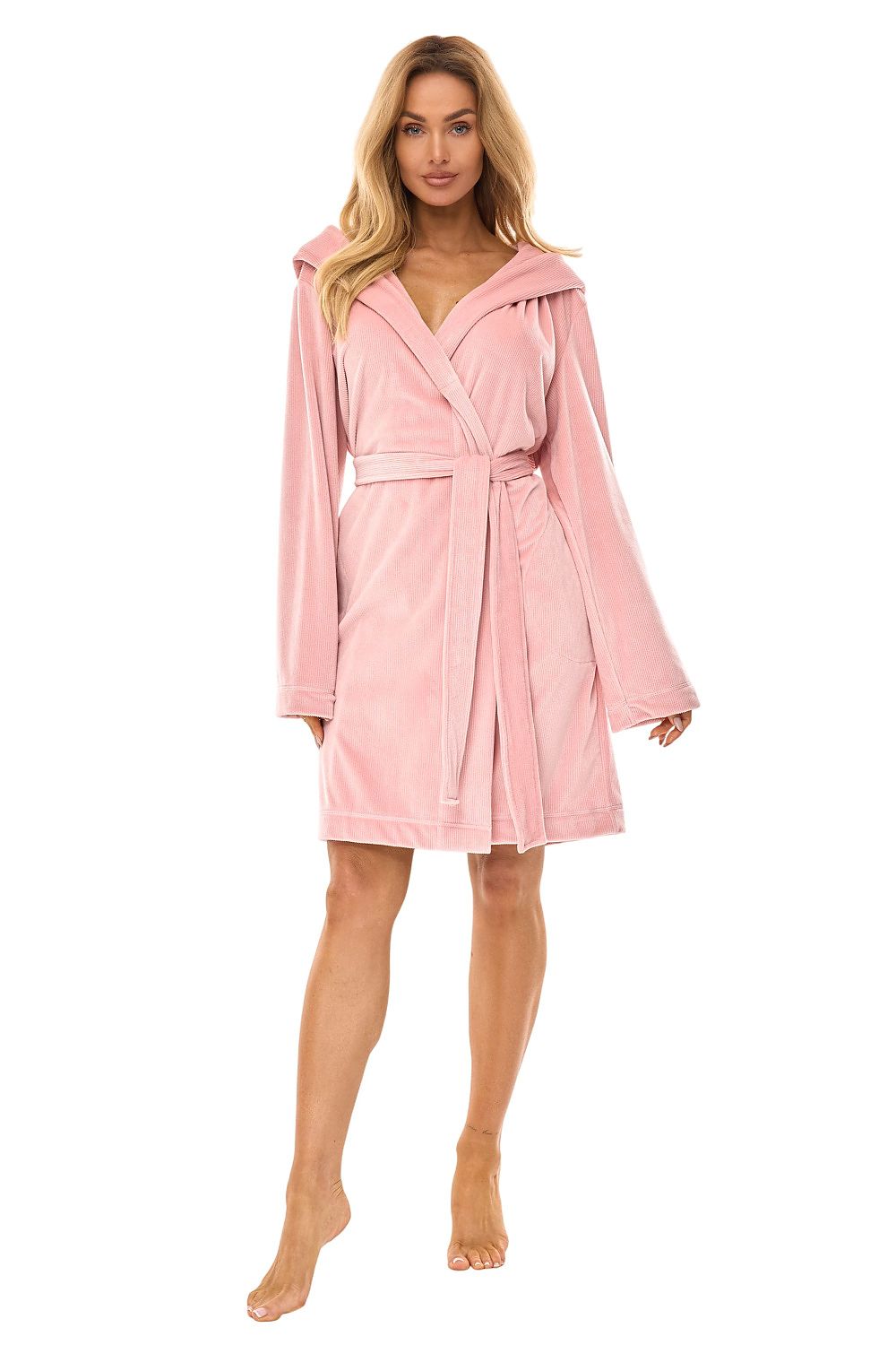 L&L Collection women's luxury knee-length bathrobe with hood, crafted from 100% premium polyester, showcasing elegant design and functionality with pockets.