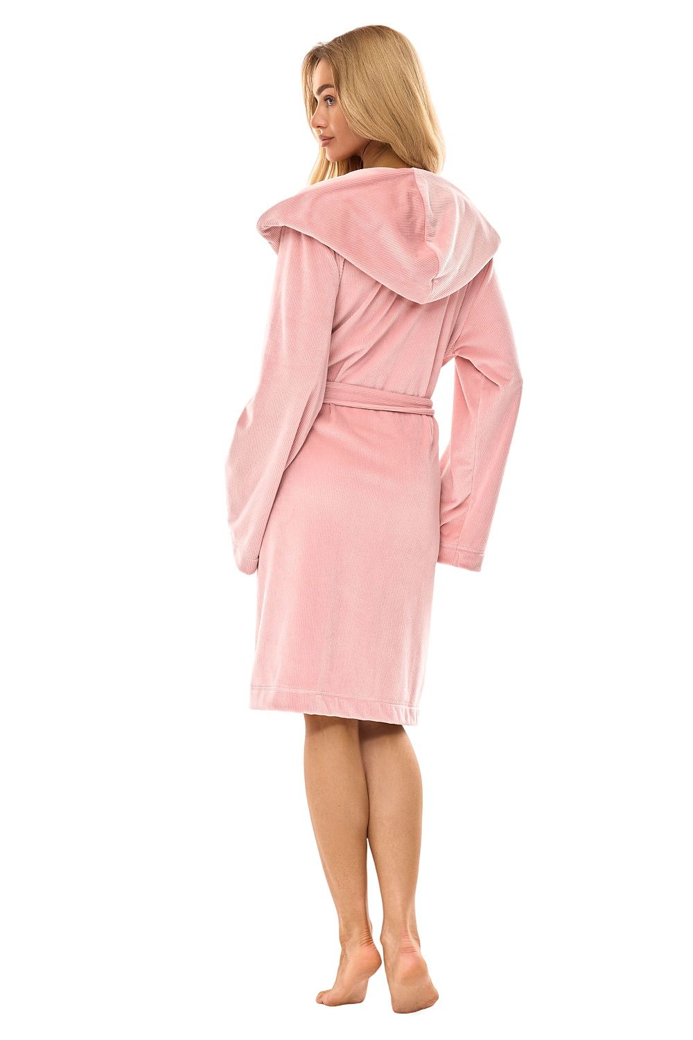 L&L Collection women's knee-length bathrobe styled on a model, highlighting its comfortable fit, long sleeves, and stylish hood for an indulgent lounging experience.