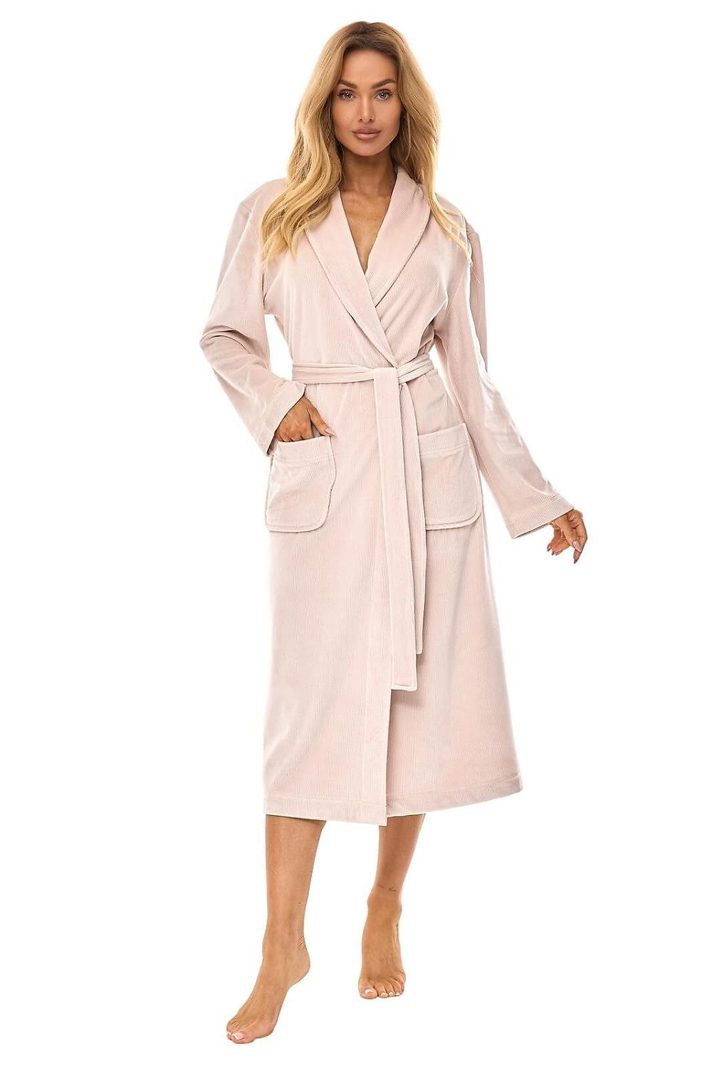 Luxurious knee-length women's bathrobe by L&L Collection, featuring a stylish quilted design and convenient pockets, ideal for a sophisticated home look.